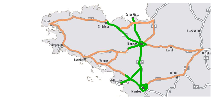 Couverture du réseau en ITS Coopératifs (en vert : projet Scoop, en Orange : projet C-Roads)